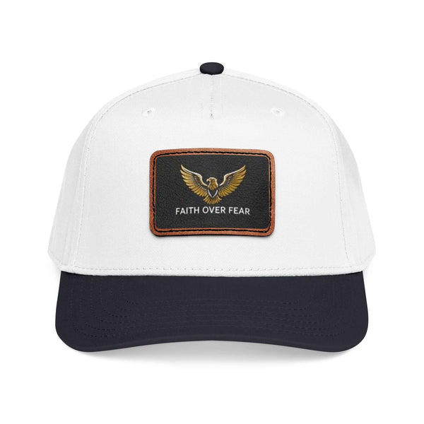 Embroidered white Cap with a black curved brim and a black patch featuring a golden eagle and "FAITH OVER FEAR" text.