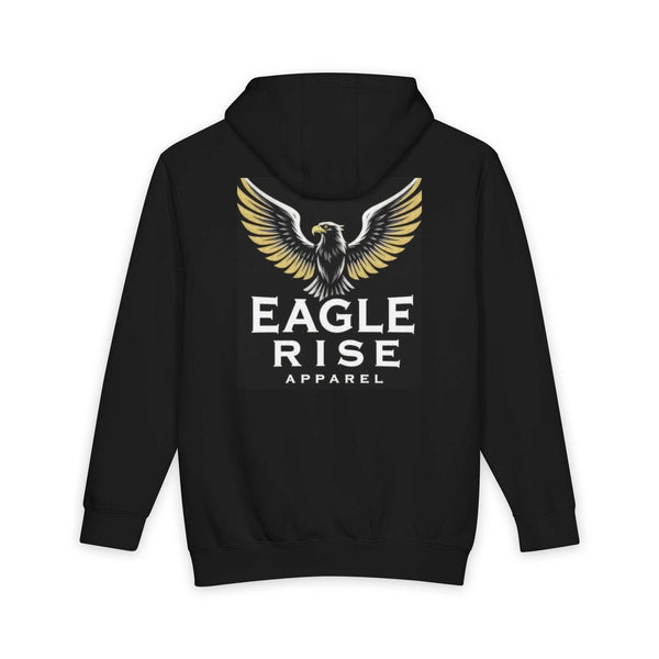 Black hoodie with a large graphic of a golden-winged eagle and white text that reads "Eagle Rise Apparel" on the back.